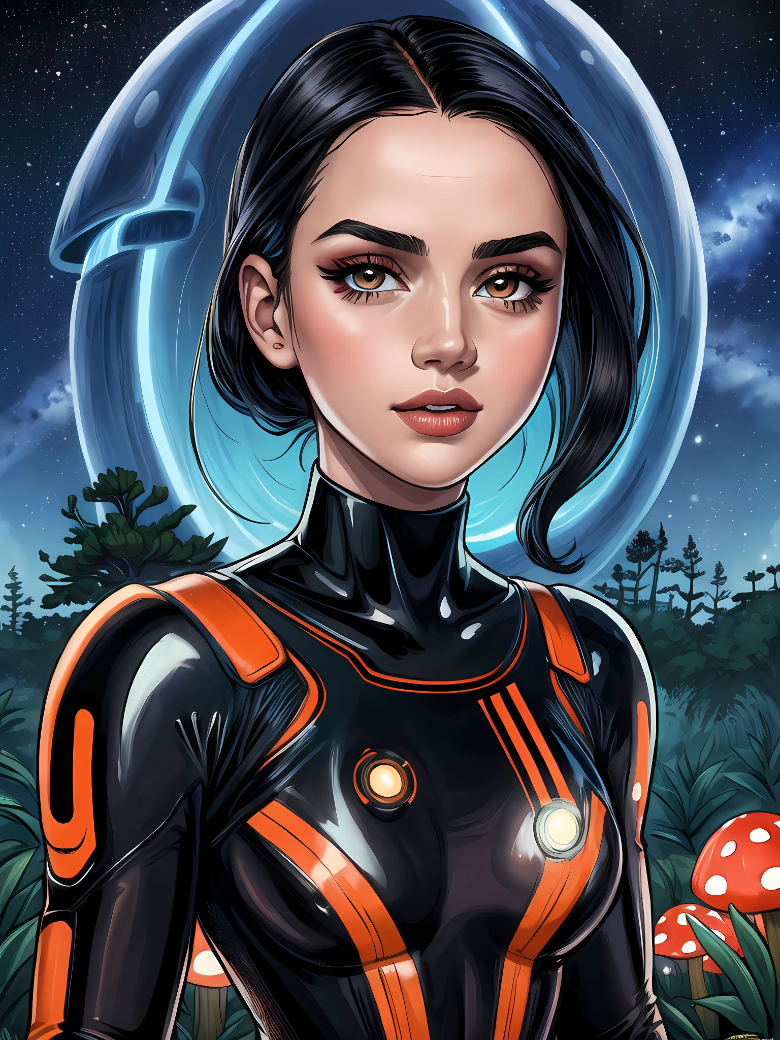 close-up portrait photo of 4n4D34rm4s_V1-Emb , dark skin , wearing a futuristic spacesuit, makeup, mascara, eyeshadow, in the middle of a fantasy mushroom forest at night, 8k uhd, high quality, dramatic, dramatic lighting, realistic , lifelike texture