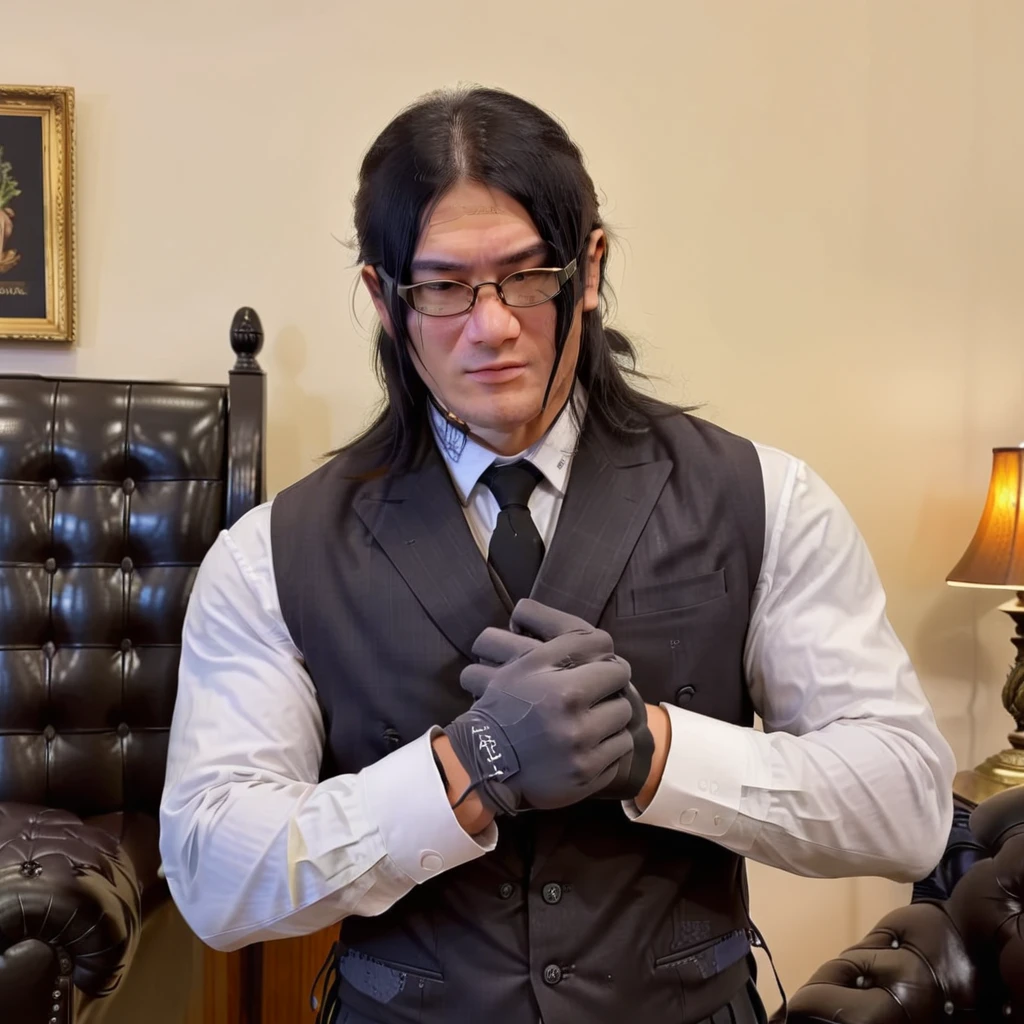 The image is a authentic style of a male   who is dressed in a Gentleman's Clothing and tie. He features long hair and   glasses. <lora:yareayare:0.7>,  gloves, <lora:kanzon2.0:0.75>,hair covering eyes,muscular, strong