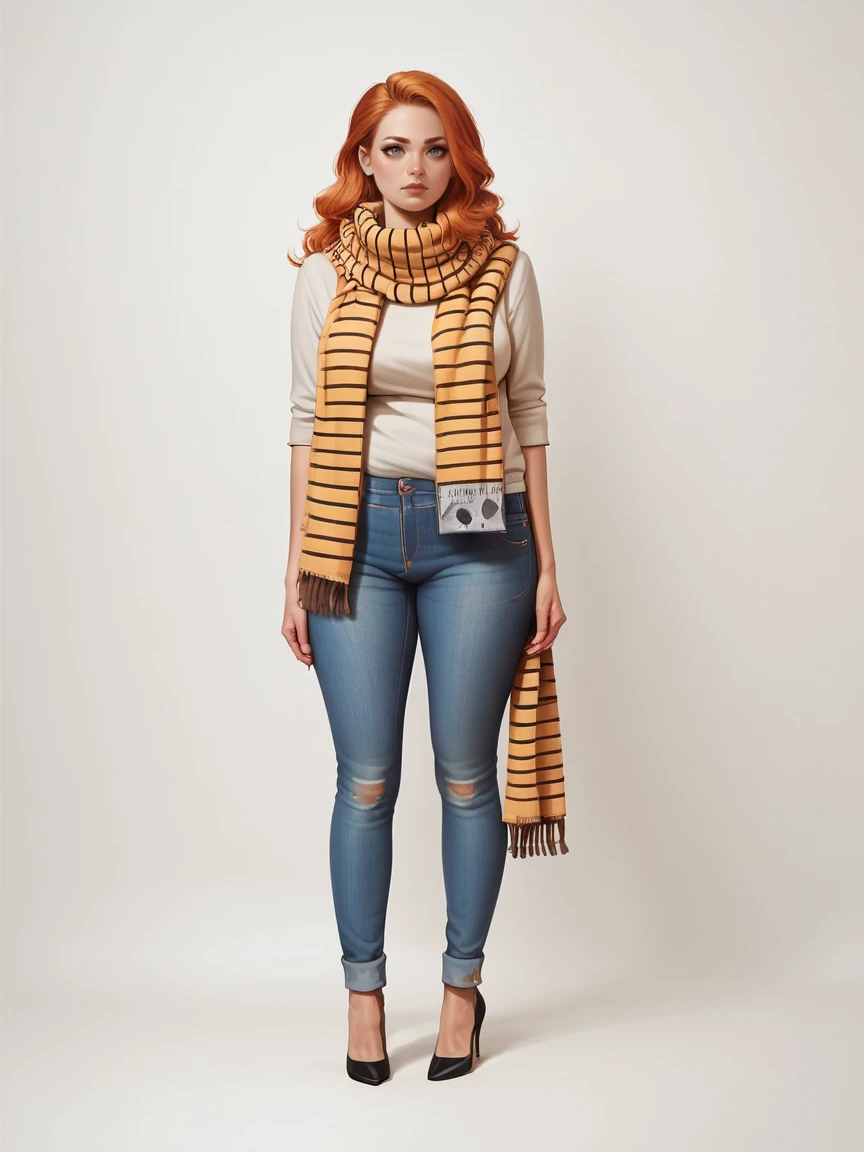 score_9, score_8_up, score_7_up, score_6_up, 1girl, long hair, ginger hair, grey eyes, large breasts, plump, <lora:m34sur1ngXLP:0.9> m34sur1ng, solo, high heels, jeans, scarf,