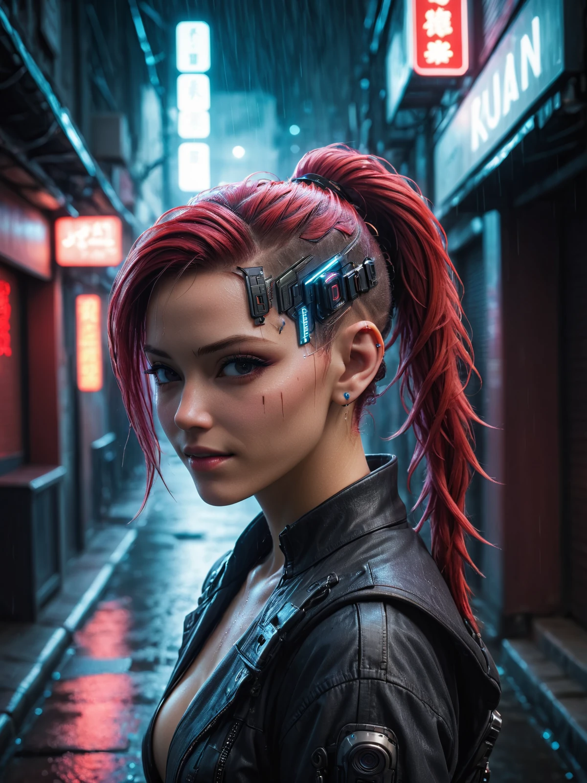 woman, mad-hdwr, cyberpunk, alley, haze, steam, rain, night, neon light, red ponytail, light smile, <lora:Neon_Cyberpunk_Headware_SDXL:0.8>, raw photo, film grain, Fujifilm XT3, (photorealistic, realistic:1.2), deep shadow, 8k, uhd, dslr, ultra high res