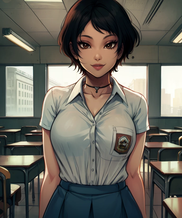 linda,brown eyes,black hair,
collared shirt,short sleeves,choker,skirt,
upper body,light smile,looking at viewer,
classroom,night,indoors,
(insanely detailed, masterpiece, best quality),solo,<lora:Linda-DO11-alt:0.9>,