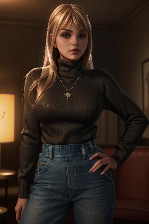 ju1i3t4y10r, sfw, blonde two-tone hair, bangs, brown eyes, long hair, (freckles:1.2), (turtleneck sweater:1.1), necklace, bracelet, realistic, denim, overalls, indoors, fast food restaurant, <lora:Julie_Taylor_PMv1b_Lora:1.3>,, glow effects, godrays, Hand drawn, render, 8k, octane render, cinema 4d, blender, dark, atmospheric 4k ultra detailed, cinematic, Sharp focus, big depth of field, Masterpiece, colors, 3d octane render, 4k, Concept art ð, trending on artstation, hyperrealistic, Vivid colors, extremely detailed CG unity 8k wallpaper, trending on CGSociety, Intricate, High Detail, dramatic, ((Glamour Shot))