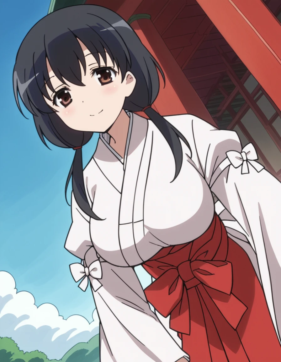 score_9, score_8_up, score_7_up, source_anime,
komakijindai, <lora:komaki-jindai-s2-ponyxl-lora-nochekaiser:1>,
komaki jindai, long hair, black hair, twintails, brown eyes, low twintails, hair between eyes, large breasts,
skirt, long sleeves, japanese clothes, wide sleeves, kimono, hakama, hakama skirt, white kimono, miko, red hakama,
outdoors, shrine, bent over, smile,
cowboy shot, looking at viewer, solo, dutch angle,