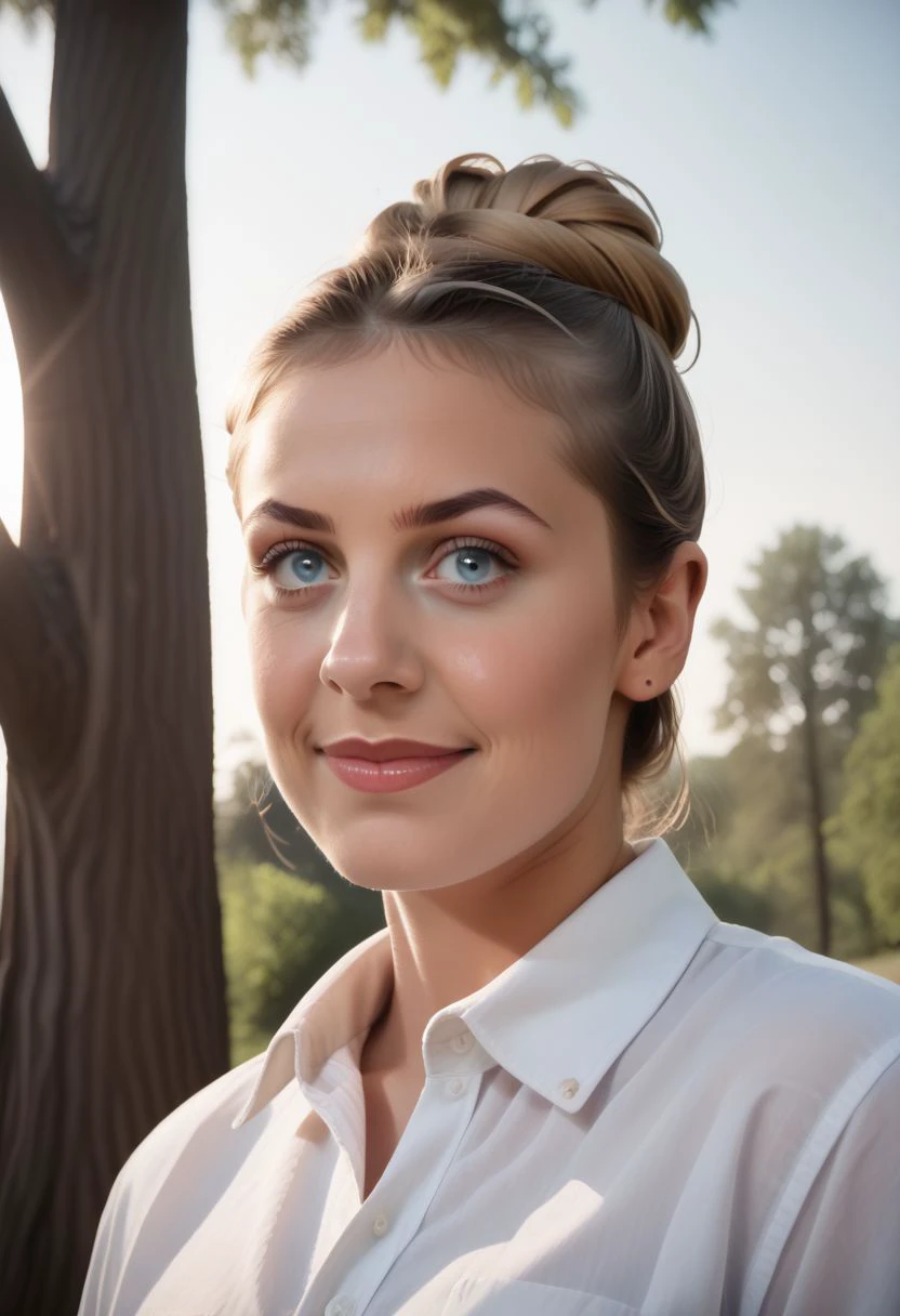 hyperrealistic portrait of a (syblz style), 1girl,  solo, updo, single hair bun, sidelocks, female focus,  tree,  blonde hair, hazel blue eyes,  makeup, outdoors, upper body, oval face, american heritage,  collared shirt, white shirt, mini smile, straight on, sky, day, high budget, cinemascope, epic,  OverallDetail, gorgeous, soft lighting, studio photography, natural lighting, photorealistic, candid camera, color graded cinematic, eye catchlights, atmospheric lighting,  textured skin, specular highlights, skin pores, imperfections, natural, shallow dof BREAK zPDXL2