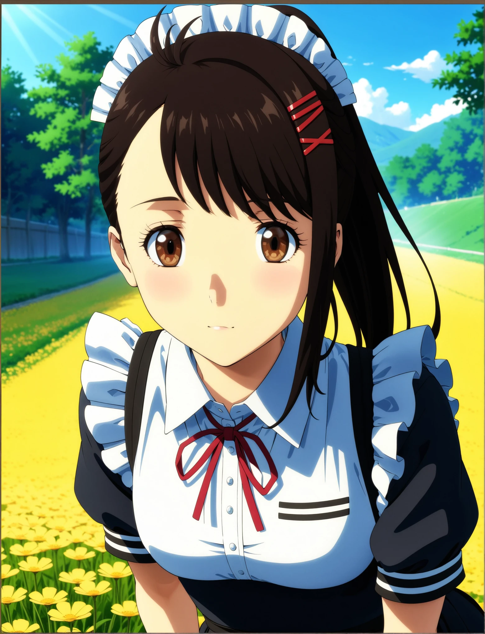 masterpiece, best quality, very aesthetic, ultra detailed, intricate details, 4k, anime style,
iwatoxl, 1girl, solo, cover, eyelashes, brown eyes, black hair, long hair, ponytail, bangs, hairclip, 
maid, maid headdress, maid apron, puffy short sleeves, short sleeves, lace trim, lace, iwato suzume,
upper body, leaning forward, looking at viewer, outdoors, grass, flowers, field, flower field, sunlight, sky, blue sky, wind, <lora:Iwato_XL:1>