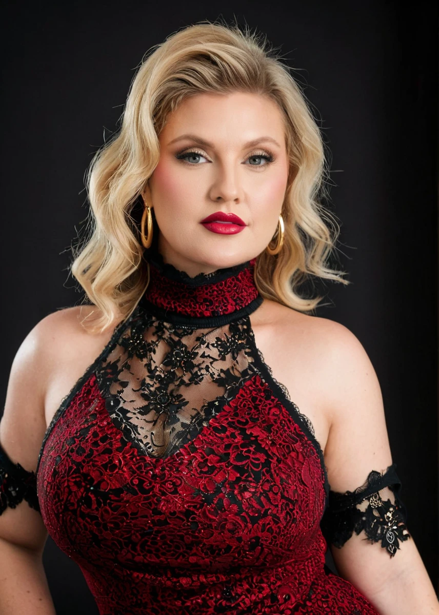 luxury product style, captivating masterpiece of an curvy woman with blonde hair in a ((((neckholder dress with turtleneck)))) ,long earrings, necklace, half body, The intricate lace and gold details exude a very rebellious aura. ((The use of high-shine gloss adds a touch of glamour to the look)), ((while the deep red and black hues give it a dramatic vibe)), blurred background, studio ligthing, facing camera, shallow depth of field, <lora:MS_AndieAnderson_V1_SDXL:0.8>, elegant, sophisticated, high-end, luxurious, professional, highly detailed