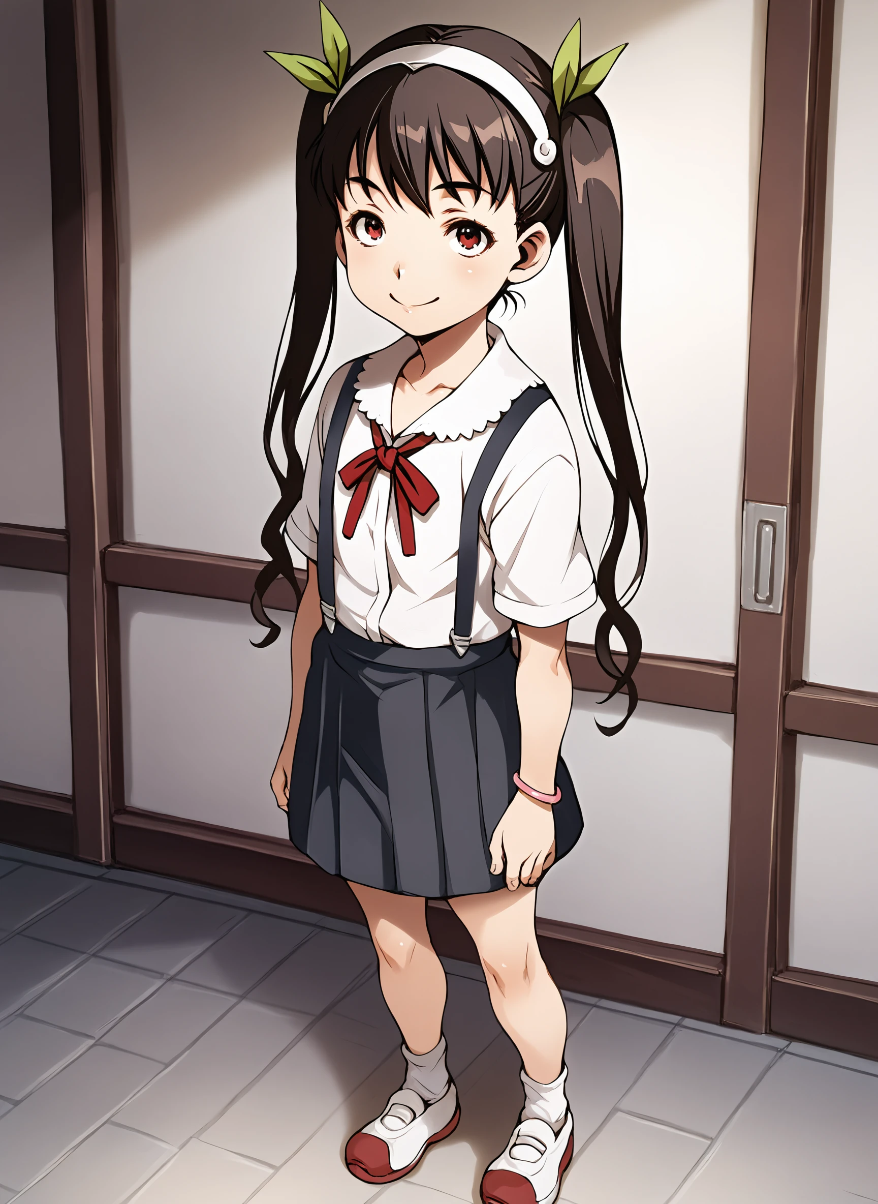 score_9,score_8_up,score_7_up,score_6_up, e10_style,
hachikuji mayoi, 1girl, solo, long hair, looking at viewer, smile, brown hair, black hair, red eyes, jewelry, twintails, brown eyes, standing, school uniform, white shirt, suspenders,  full body, green ribbon, hair ribbon, hairband, shoes, bracelet, white socks, white hairband, red neck ribbon, black skirt
<lora:e10_pdxl6:1>