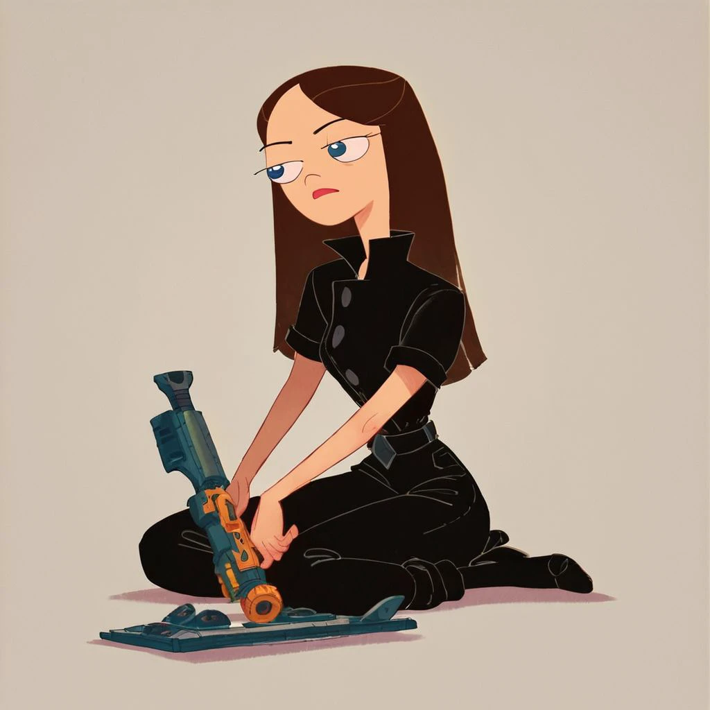 score_9, score_8_up, score_7_up, score_6_up, score_5_up, score_4_up, rating_safe, 1girl, VanessaDoof, black outfit, cartoon, sitting on the floor, holding a sci-fi weapon