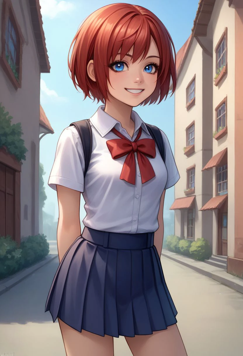 score_9, score_8_up, source_anime, highly detailed, 1girl, solo, human child,
kairi, 1girl, solo, blue eyes, short hair, red hair, uniform, school uniform, shirt, white shirt, skirt, ribbon, smile,
outdoor, village,