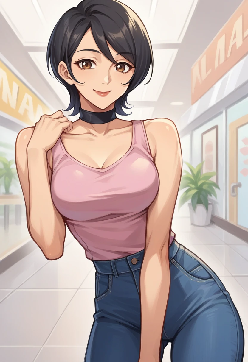 score_9, score_8_up, score_7_up, source_anime BREAK 1girl, solo, <lora:zs_MamiXL:1> mamip2, short hair, black hair, swept bangs, brown eyes, black choker, lipstick, pink tank top, blue jeans
cowboy shot, smile, closed mouth, mall, looking at viewer