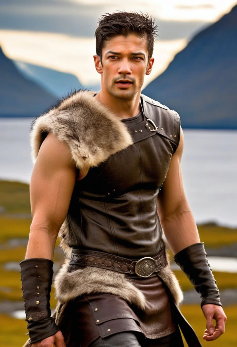 Ultra-detail, (highres:1.1), best quality, (masterpiece:1.3), Ace Young a man <lora:muzi-Ace-Young:1>, a Viking warrior prince wearing fur and leather armor rags rising above a battlefield, scales, handsome 23yo Norway male model, dynamic posture posing, full-body from above, dramatic angle. hairy body, skinny muscled, perfect biceps, great pecs, thin waist, perfect jawline, strong and powerful, sporty, great detail, satisfaction,