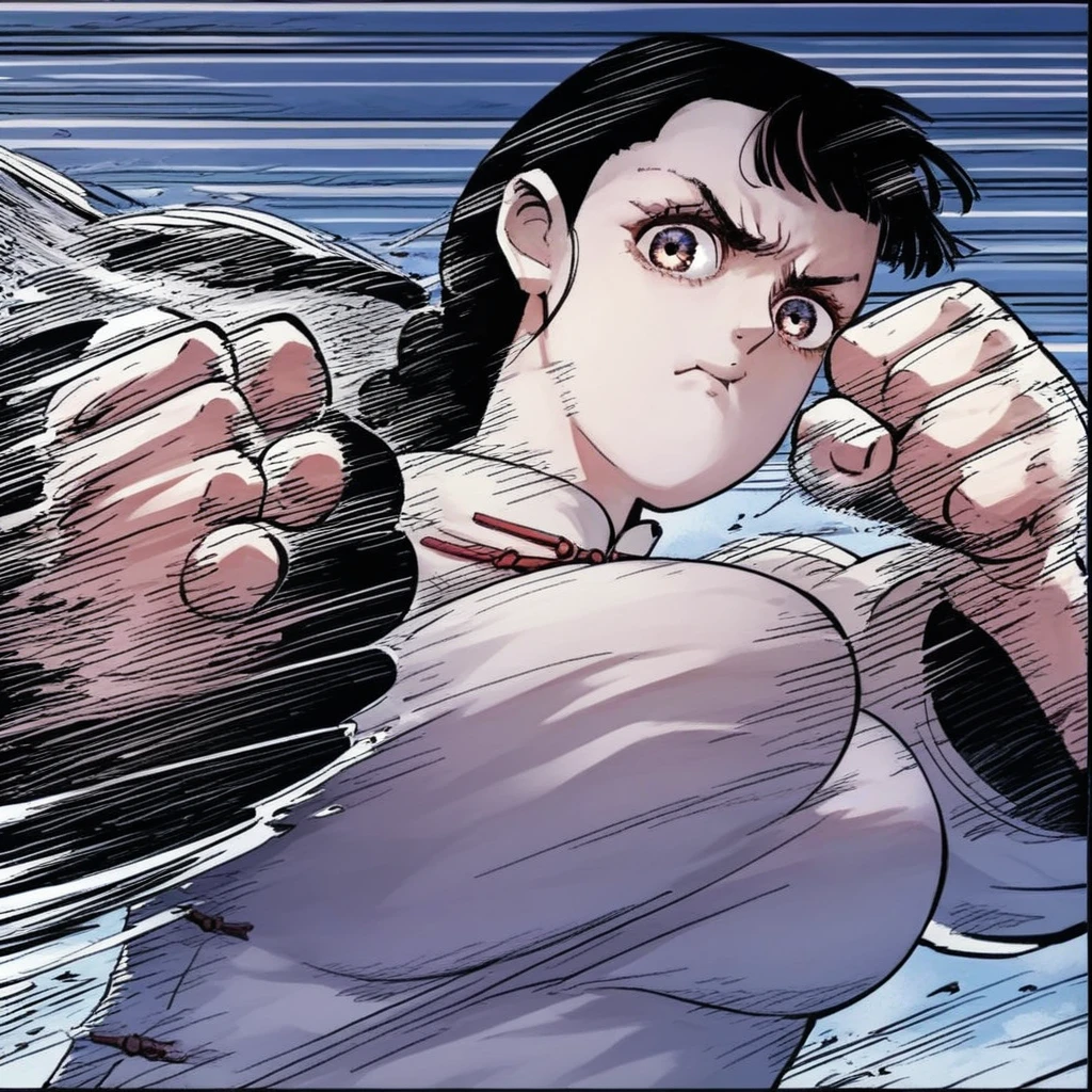 score_9, score_8_up,score_7_up, masterpiece, mother,miaoqingqing, 1girl, solo, breasts, looking at viewer, large breasts, shirt, punching, closed mouth, white shirt, bow, upper body