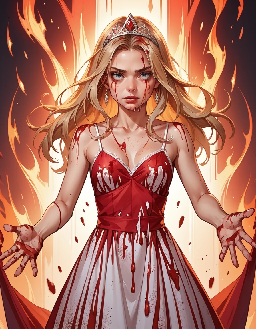 score_9, score_8_up, score_7_up, score_6_up, score_5_up, score_4_up, blood on face, 1girl, solo, upper body, outstretched arms, long blonde hair, hud_c4rrie, dress, spaghetti strap, tiara, long dress, sleeveless, blood, blood on clothes, <lora:carrie:0.7>, flames everywhere, fire, inferno