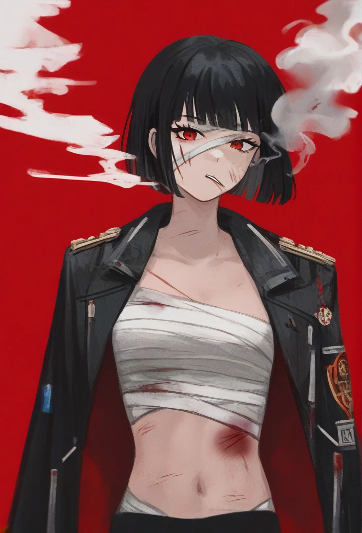 (score_9, score_8_up:1.1), score_7_up, masterpiece, <lora:Ryoshu_Limbus_Company:1>, RyoshuLimbus, RyoshuSinner, 1girl, solo, breasts, looking at viewer, short hair, bangs, simple background, black hair, red eyes, navel, jacket, blunt bangs, coat, black jacket, blood, scar, bandages, bob cut, red background, smoke, cigarette, sarashi, injury, blood on face, smoking, bruise, coat on shoulders, chest sarashi