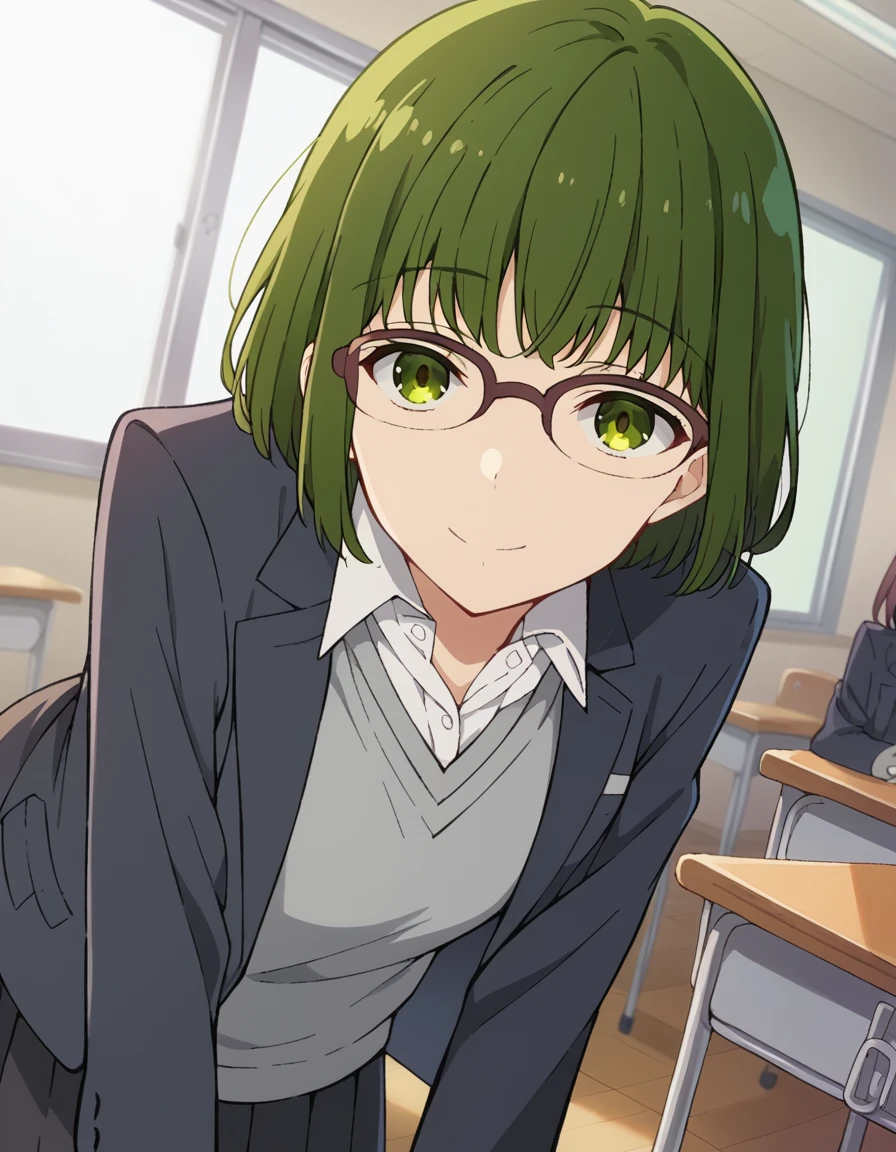 score_9, score_8_up, score_7_up, source_anime,
sakurakouno, <lora:sakura-kouno-s2-ponyxl-lora-nochekaiser:1>,
sakura kouno, short hair, bangs, green eyes, green hair, glasses, semi-rimless eyewear, over-rim eyewear,
shirt, school uniform, jacket, collared shirt, blazer, sweater, grey sweater, white shirt, black blazer, skirt, black skirt,
indoors, classroom, smile, bent over,
cowboy shot, looking at viewer, solo, dutch angle,