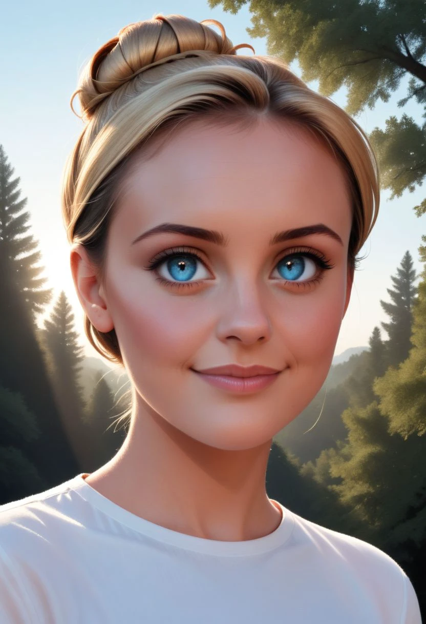 portrait of a (syblz style), 1girl, mature female, solo,  single hair bun, sidelocks, female focus,  tree,  blonde hair, hazel blue eyes, realistic photography, outdoors, upper body,  white shirt, short sleeves, mini smile, straight on, sky, day, natural lighting, atmospheric lighting,  shallow dof,  zPDXL2