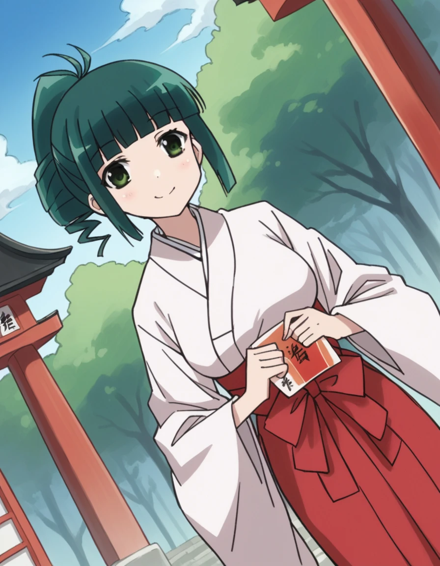 score_9, score_8_up, score_7_up, source_anime,
harutakimi, <lora:haru-takimi-s2-ponyxl-lora-nochekaiser:1>,
haru takimi, bangs, green eyes, ponytail, green hair, blunt bangs,
skirt, japanese clothes, hakama, hakama skirt, miko, red hakama,
outdoors, shrine, bent over, smile,
cowboy shot, looking at viewer, solo, dutch angle,