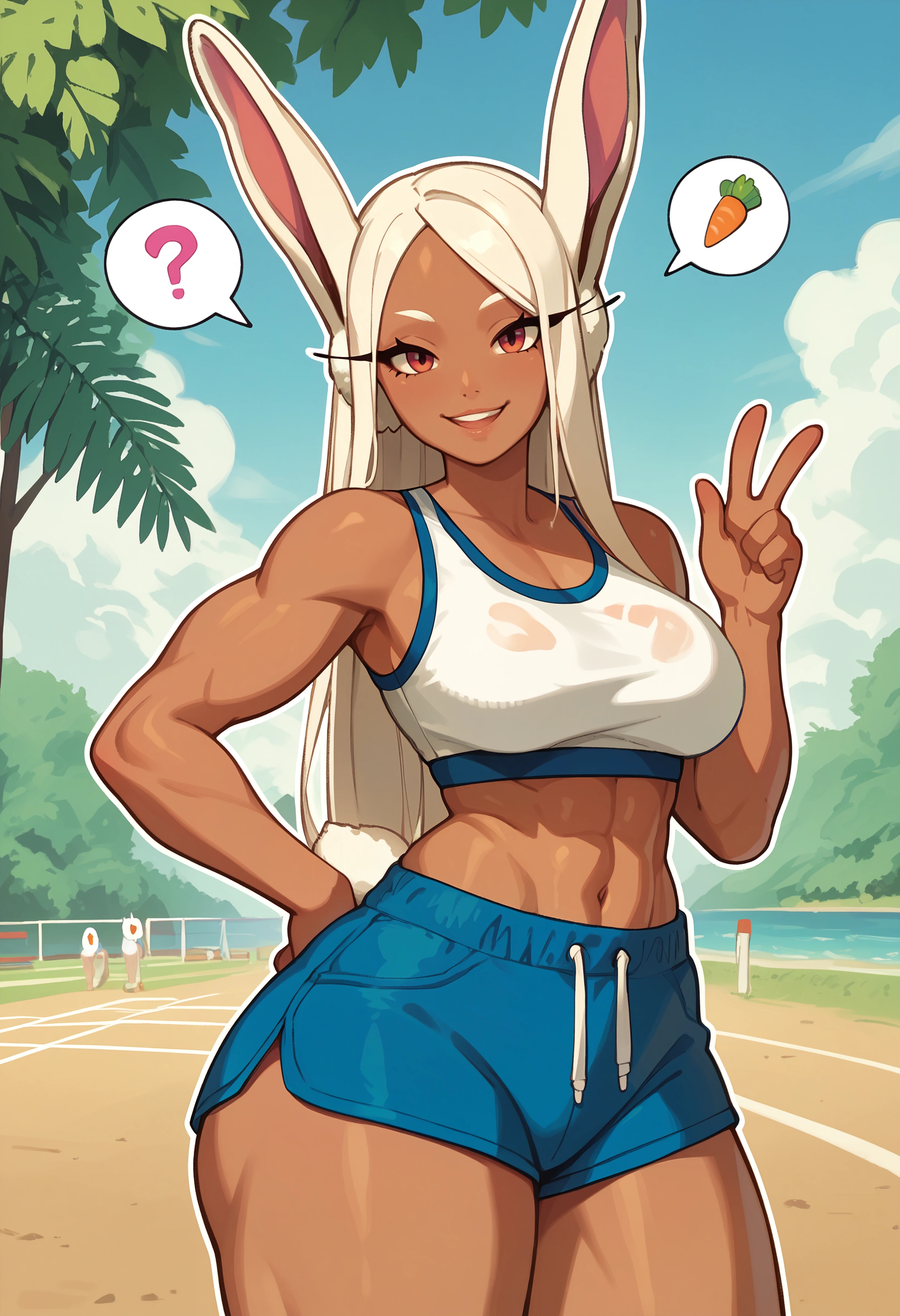 score_9, score_8_up, score_7_up, score_6_up BREAK solo,mirko,bunny tail,dark skin,blue shorts,white sports bra,outdoors,standing,cowboy shot,looking at viewer,big butt,slight smile,spoken [heart:question mark:0.01],spoken [heart:carrot:0.01],multiple symbols