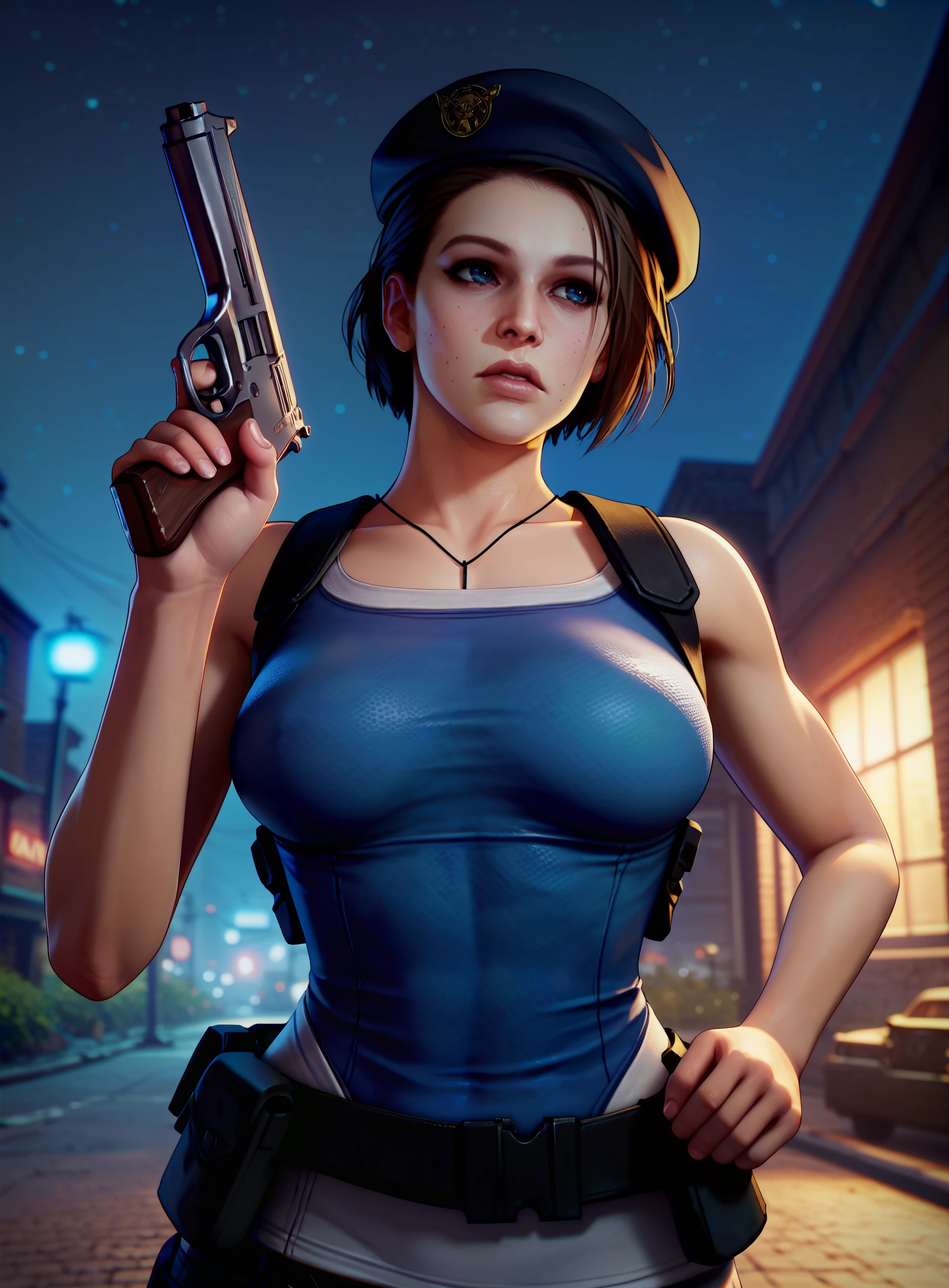 score_9, score_8_up, score_7_up, score_6_up, 1girl, solo, (jill valentine), looking away, holding gun, gun pose, focused, handgun, (noname55), standing, upper body, beret, uniform, (night), city background, outside, <lora:Noname55_2.0:1>