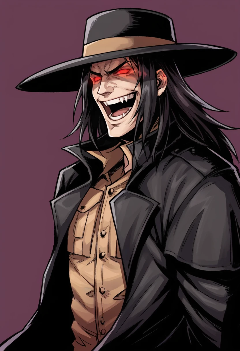 source_anime, 1boy, <lora:Caleb:0.8> solo, hat, wide brimmed hat, red eyes, glowing eyes, trench coat, black coat, long hair, laugh, evil laugh, view from side,
purple background, simple background,,