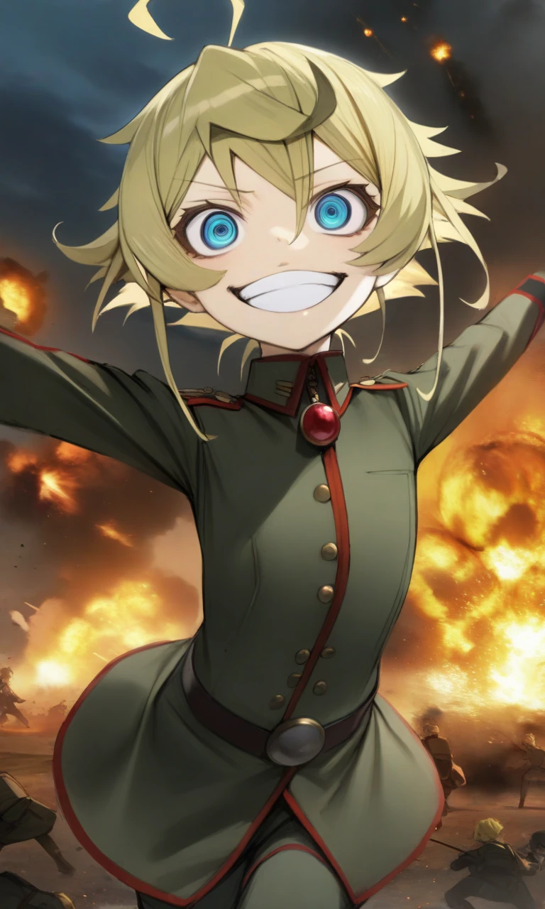 1girl, tanyadegurechaff, blue eyes, blonde hair, pointy hair, ahoge, 
red gem, military uniform, 
floating, looking at viewer, dynamic pose, crazy eyes, crazy smile, 
battlefield, war, night, explosions, fire, sky, 
masterpiece, best quality, very aesthetic, absurdres, nyatabe, 
<lora:TanyaDegurechaff_XL:1><lora:Nyatabe_XL:1>