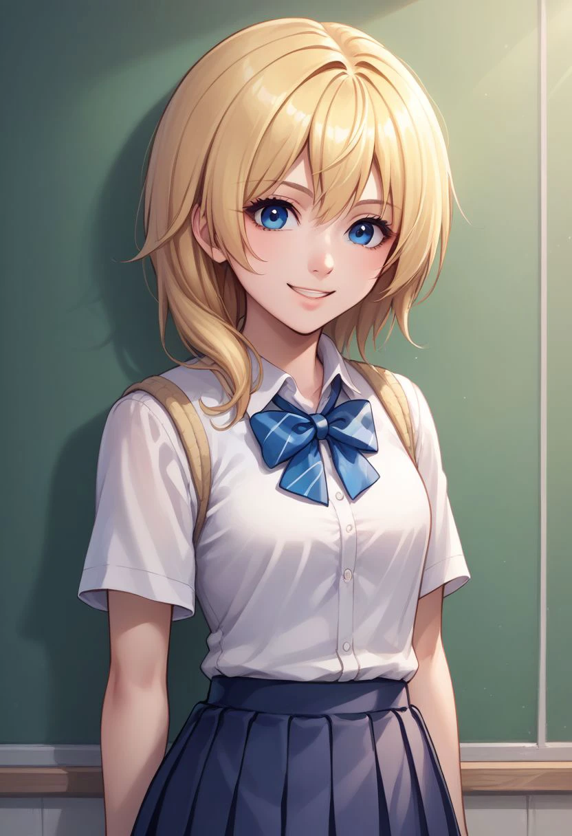 score_9, score_8_up, source_anime, highly detailed, 1girl, 
namine, 1girl, solo, blonde hair, blue eyes, smile, upper body, school uniform, skirt, standing,