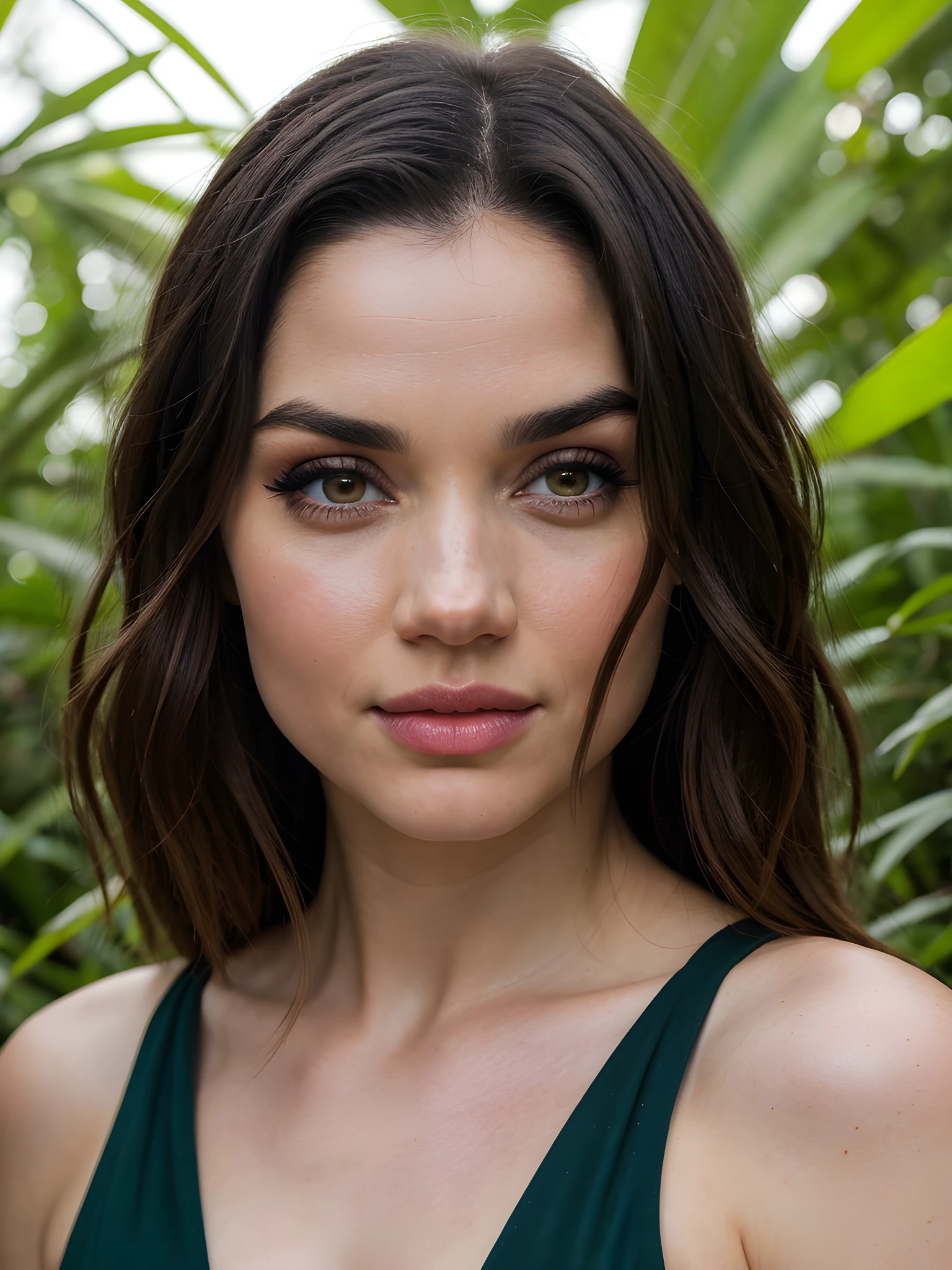 close-up portrait photo of 4n4D34rm4s_V1-Emb , makeup, mascara, eyeshadow, in the middle of a jungle, 8k uhd, high quality, dramatic, dramatic lighting, realistic , lifelike texture