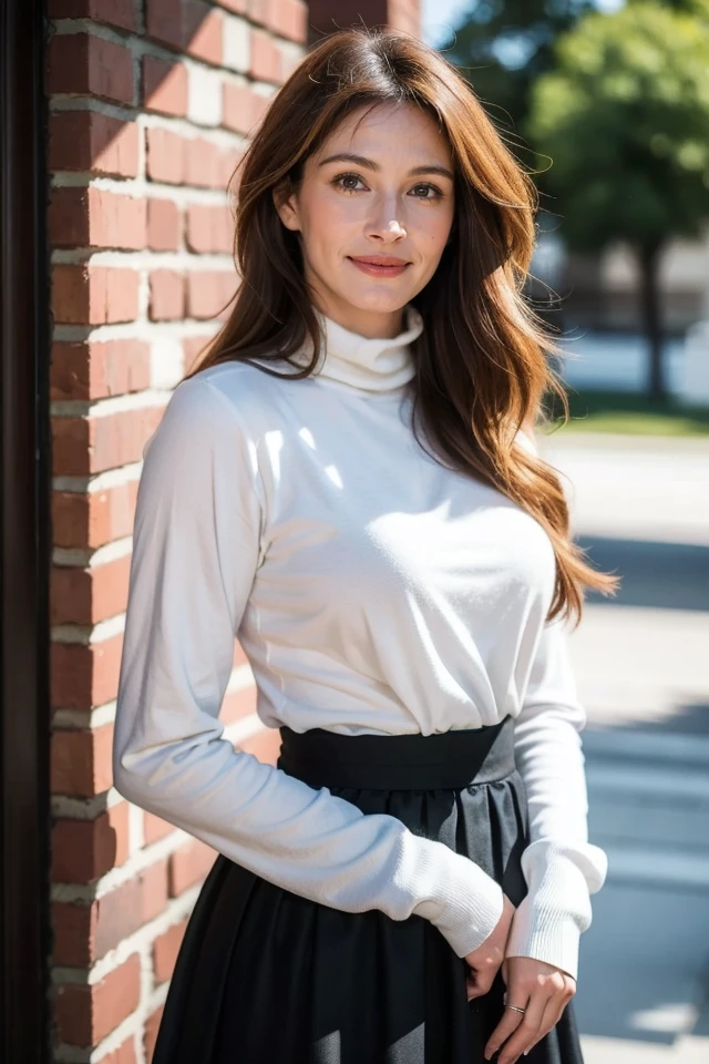 solo,1girl,smile,grin,long hair,looking at viewer,blonde hair,realistic,brown eyes,shirt,skirt,long sleeves,black skirt,white shirt,
best quality,masterpiece,illustration,CG,unity,8k wallpaper,Amazing,finely detail,masterpiece,official art,incredibly absurdres,huge filesize,ultra-detailed,highres,extremely detailed,realistic,outdoors,turtleneck,light contrast,,<lora:Julia Roberts_20240523174540:0.8>