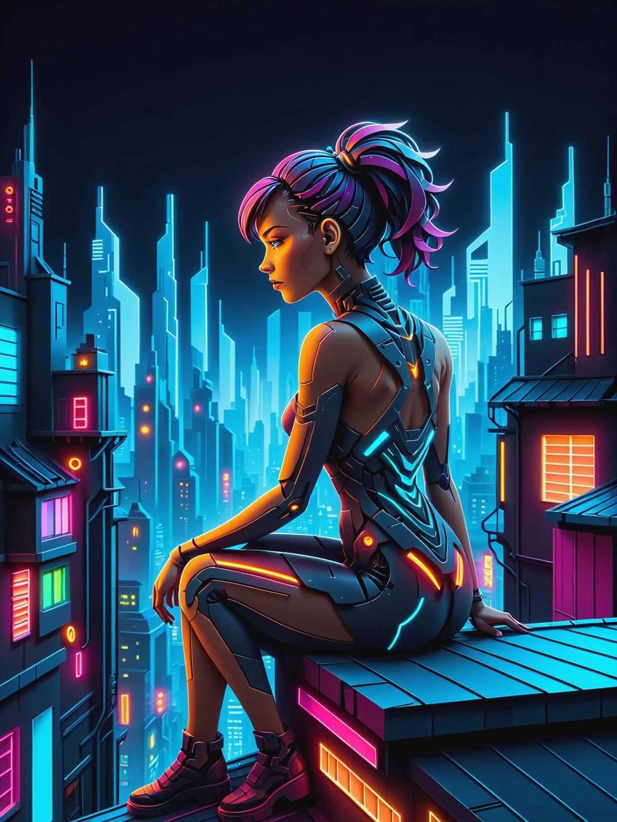 woman sitting on a roof looking over the futuristic city at night, glowing papercut, mad-cybrpprct2, cyberpunk, alley, neon lights <lora:Neon_Cybepunk_Papercut_2_SDXL:0.7>, (masterpiece:1.2), best quality, (hyperdetailed, highest detailed:1.2), high resolution textures