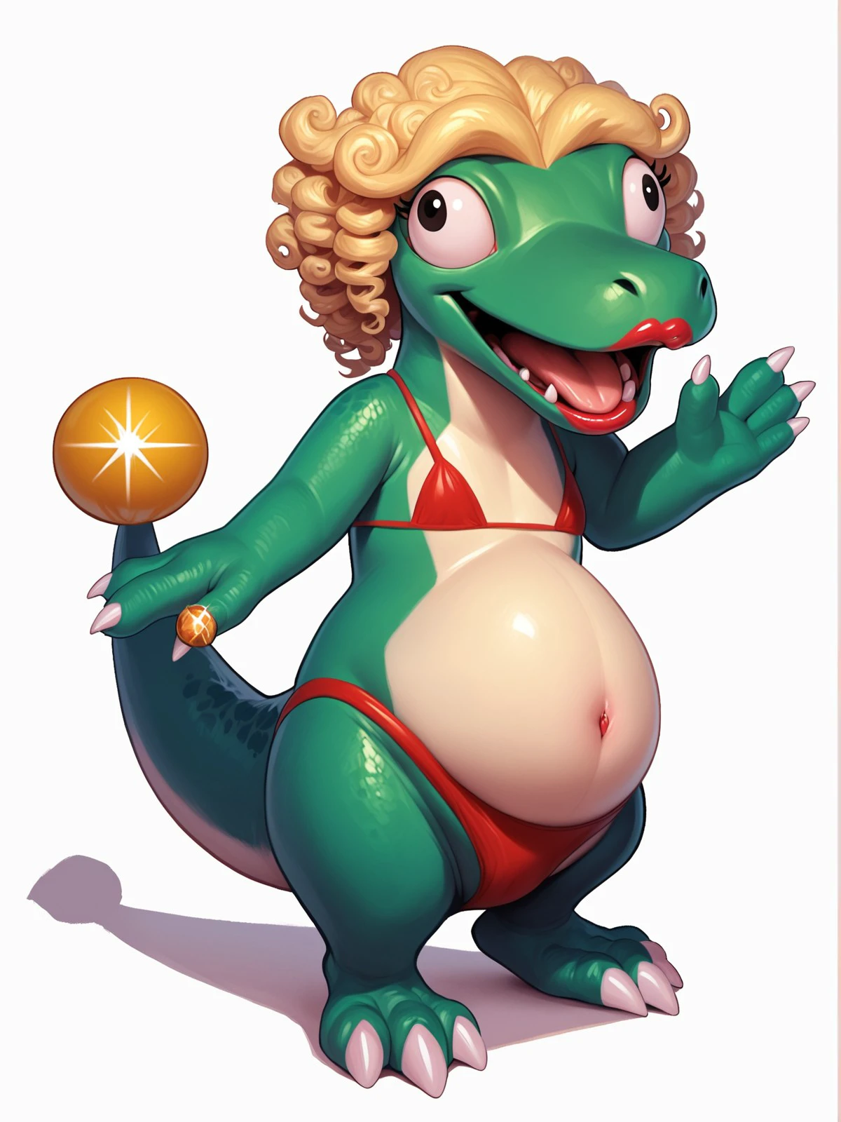 score_9, score_7_up, furry, 1girl, solo, yoshi, large breasts, thighs, gradient background, green skin, bikini armor
