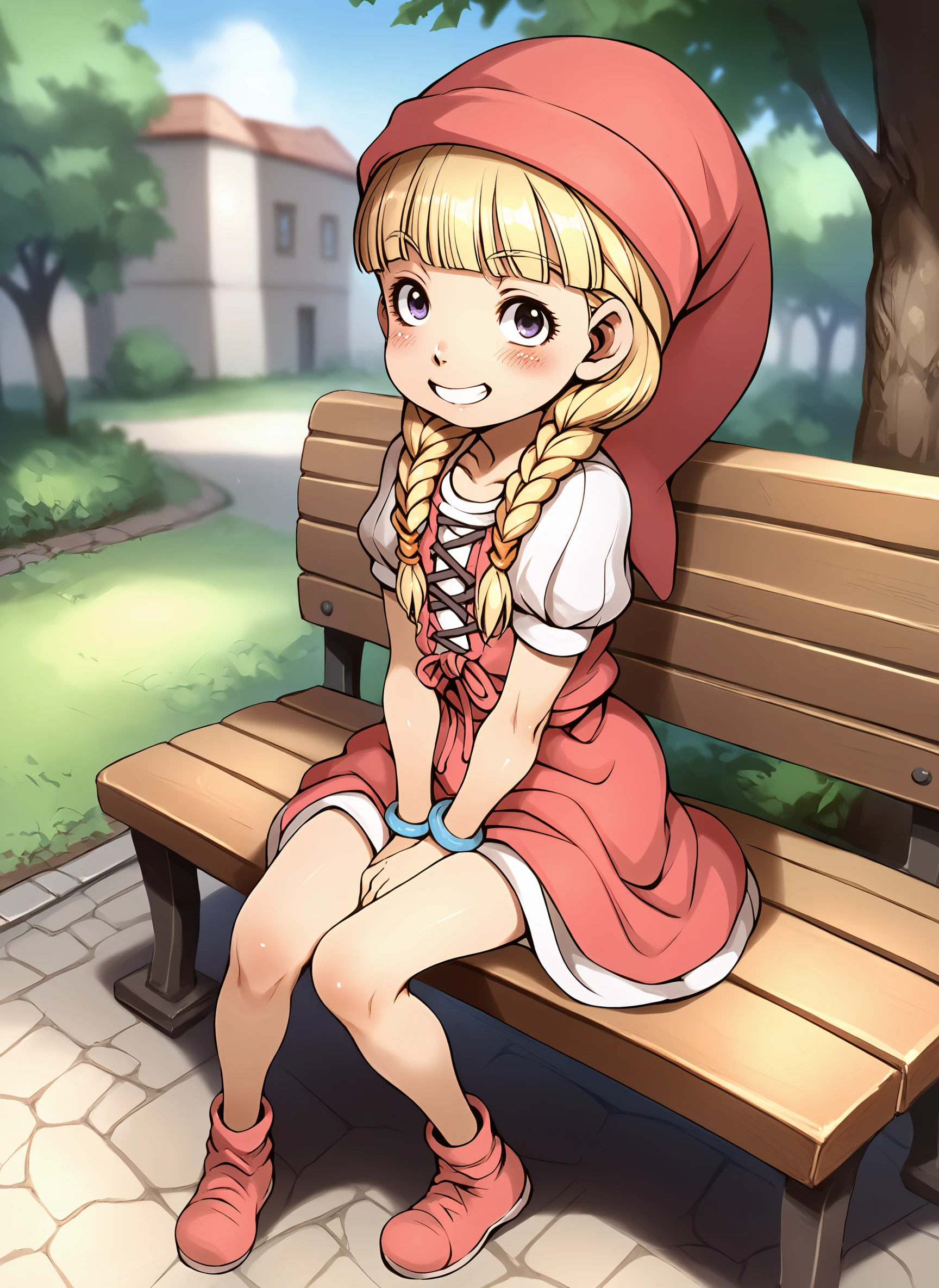 score_9,score_8_up,score_7_up,score_6_up, e10_style,
1girl, solo, long hair, blush, grin, looking at viewer, blonde hair, blue bracelet,  dress, sitting, on bench, purple eyes, full body, braid, short sleeves, puffy sleeves, blunt bangs, twin braids, puffy short sleeves, red dress, red headwear, hair over shoulder, hand between legs, outdoors, veronica \(dq11\)
<lora:e10_pdxl6:1>