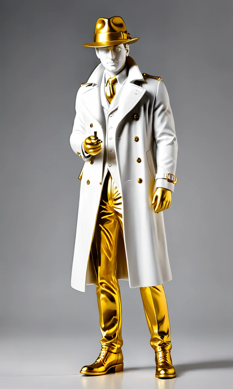 a statue of a detective, best quality, masterpiece, <lora:cstatuesdxl:0.8>, cstatuesdxl, white and gold,4 legs, fedora, trench coat,