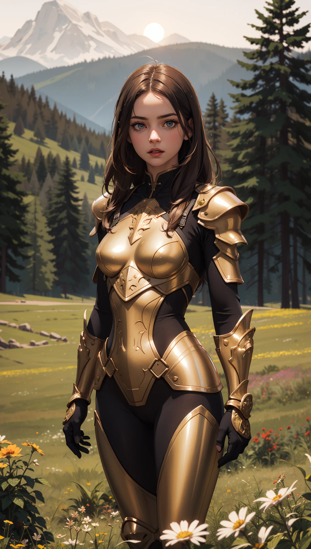 (masterpiece),(best quality),(extremely intricate),(sharp focus),(cinematic lighting),(extremely detailed),A young girl in armor,standing in a meadow of wildflowers. She has long brown hair adorned with wildflowers. Her expression is determined,and her eyes are shining with courage. The sun is shining brightly behind her,casting a golden glow over the scene.,flower4rmor,flower bodysuit,Flower,