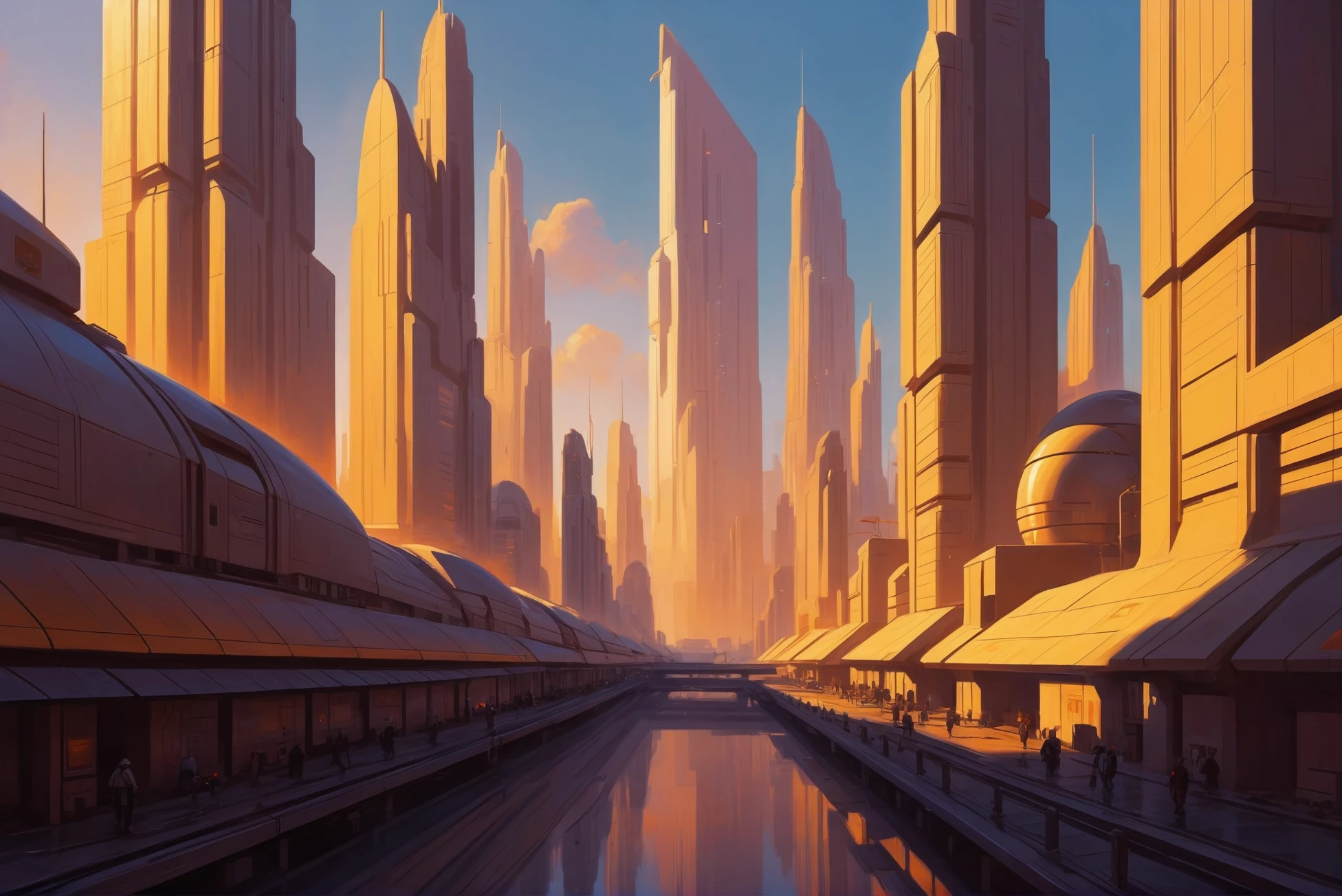 digital painting, scifi city, golden hour, architecture, Sleepycore metropolis<lora:EnvyStarlightScifiAesthetic13:1>