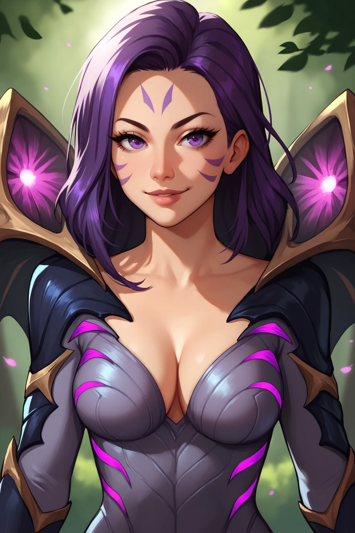 score_9, score_8_up, score_7_up, score_6_up, score_5_up, score_4_up, KaisaLoLXL, facial mark, forehead mark, purple eyes, purple hair, long hair, medium breasts, wings, cleavage, shoulder armor, (bodysuit), covered bodysuit legs, covered bodysuit arms, (portrait shot, upper body:1.1), seductive smile,looking at viewer, forest, tree <lora:KaisaLoLXL:0.8>
