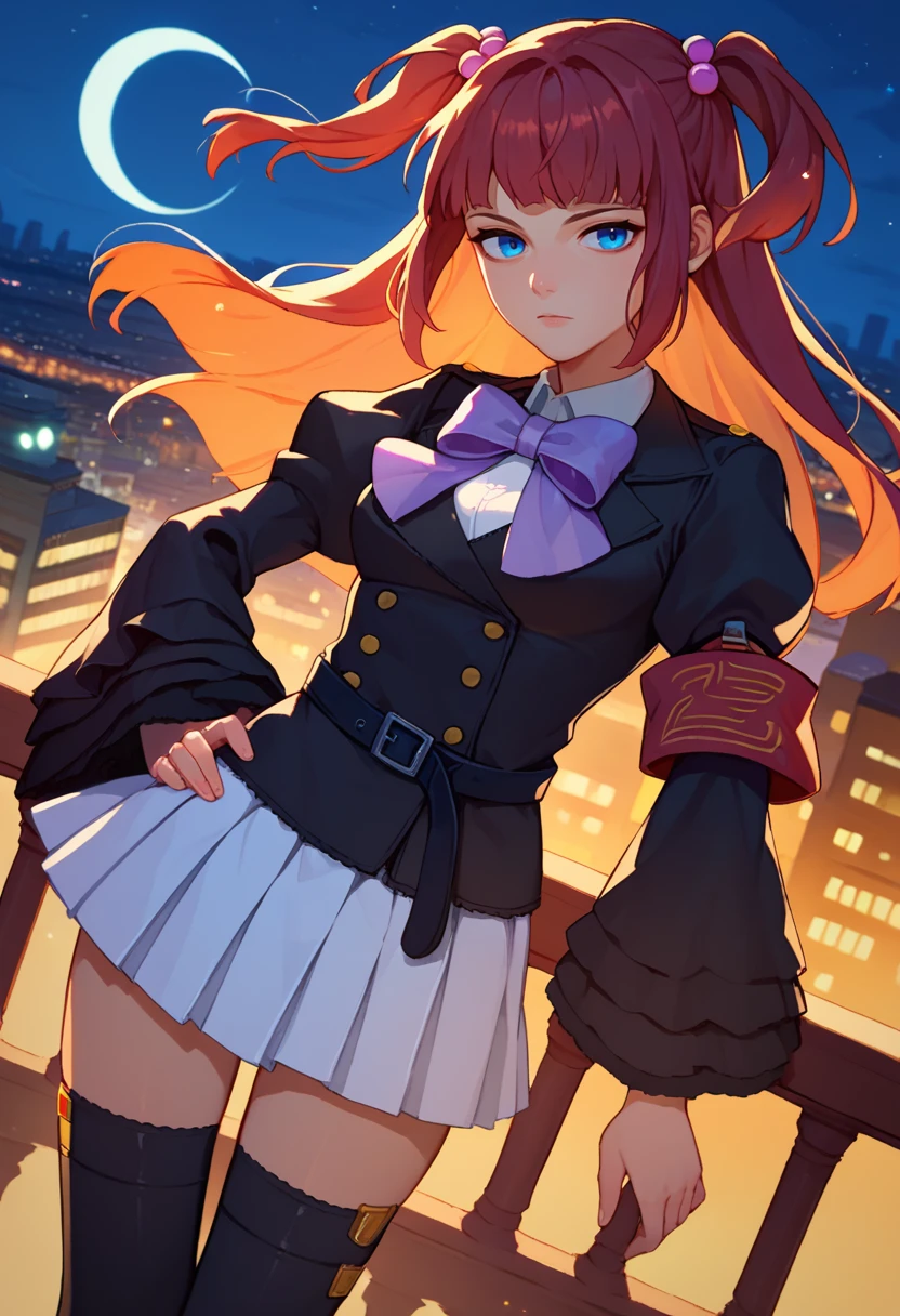 score_9, score_8_up, score_7_up,1girl, Ange, brown hair, two side up, blue eyes, white shirt, purple bow, black jacket, single armband, black belt, white skirt, frilled sleeves, black thighhighs, night, cityscape, hand on hip, looking at viewer, <lora:Ange 4-000007:1>