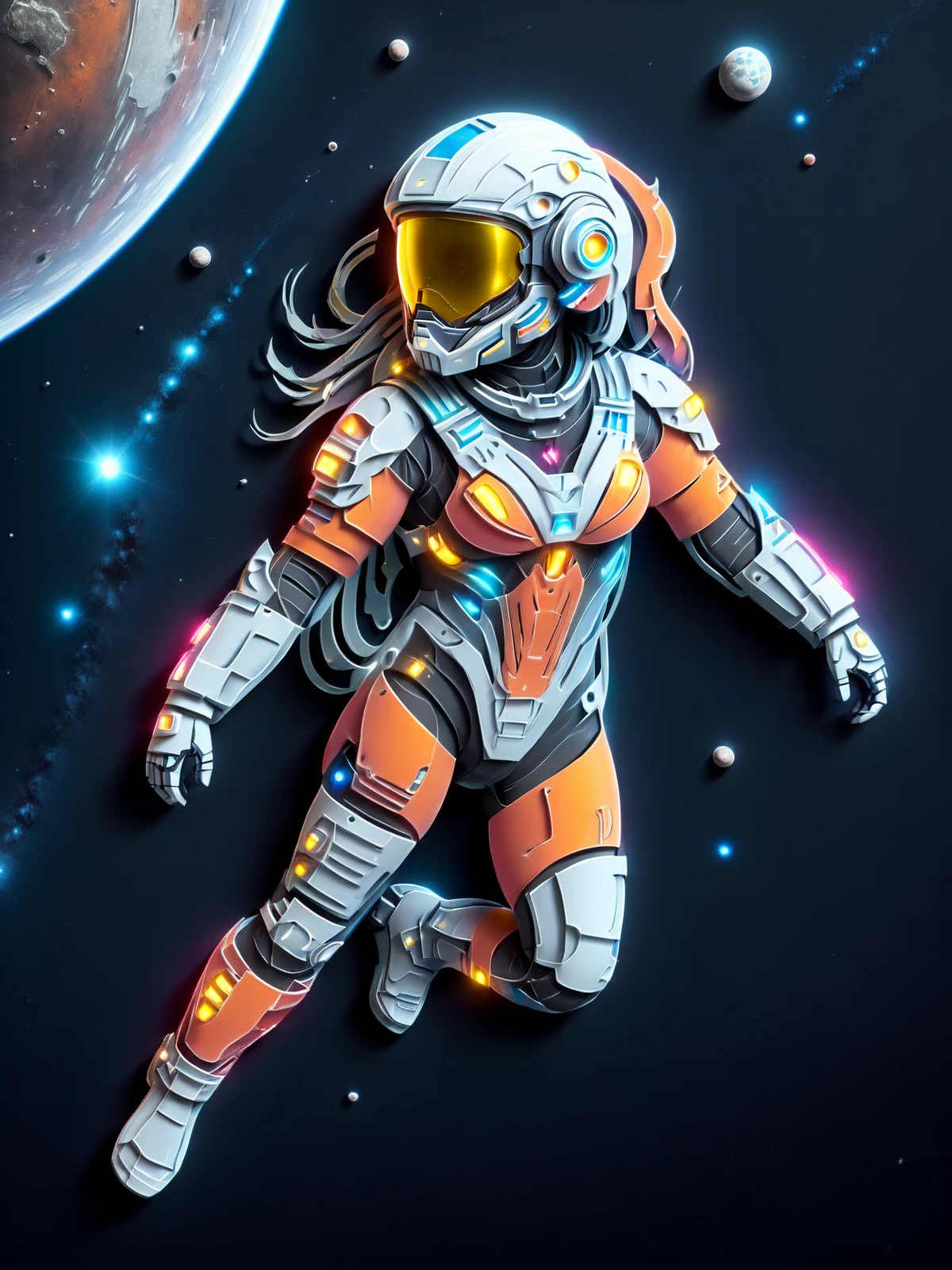 woman in spacesuit floating in space, mad-cybrpprct2, scifi <lora:Neon_Cyberpunk_Papercut_2_SDXL:1.2>, (masterpiece:1.2), best quality, (hyperdetailed, highest detailed:1.2), high resolution textures