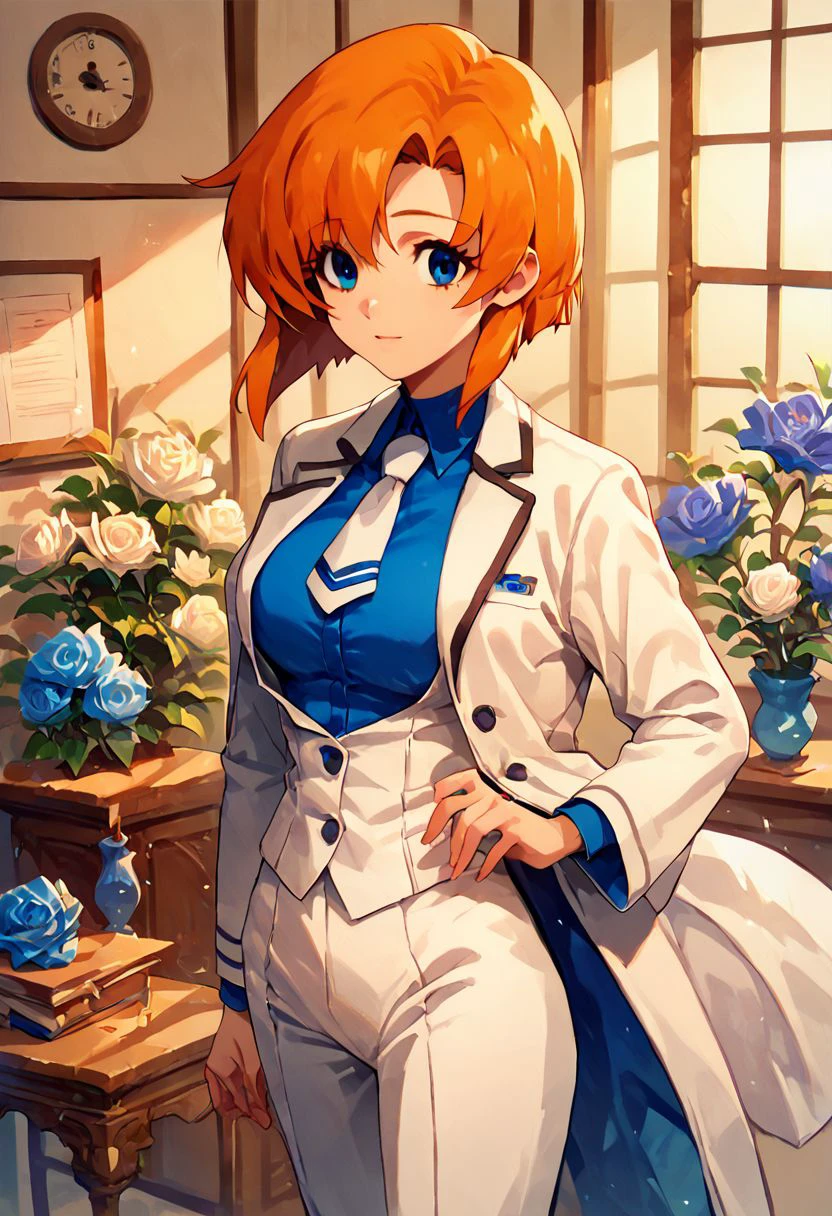 score_9, score_8_up, score_7_up,rena ryuuguu, orange hair, short hair, blue eyes, big breasts,masterpiece, best quality, very aesthetic, absurdres, solo, white tuxedo, indoors, standing, blue shirt, white neckti, jacket , tailcoat