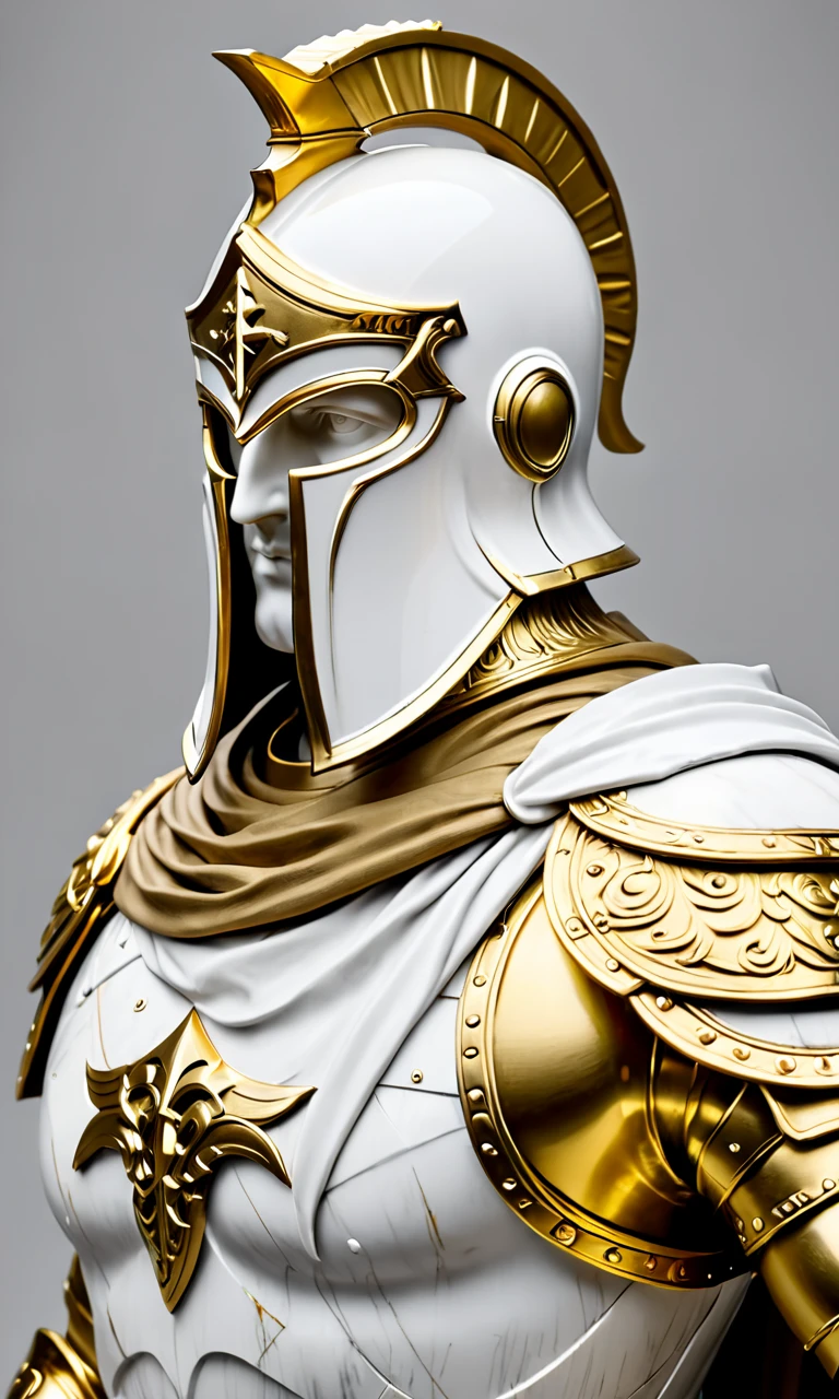 a statue of a man in armor, best quality, masterpiece, <lora:cstatuesdxl:0.8>, cstatuesdxl, white and gold, wearing a hood, carrying a sword, knight, templar