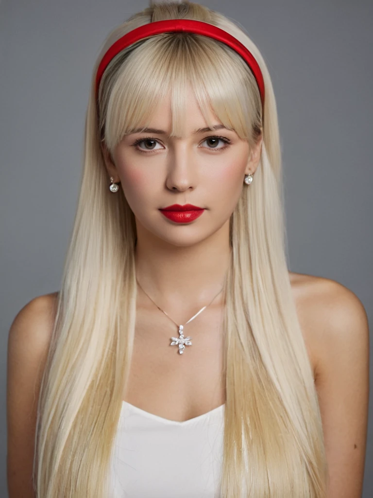 1girl,solo,long hair,necklace,white hair,hairband,looking at viewer,jewelry,realistic,upper body,lips,grey background,bangs,simple background,blonde hair,brown eyes,(closed mouth:1.1),red lips,