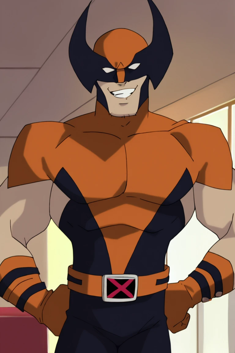 score_9, score_8_up, score_7_up, wolvevo, 1boy, solo, male focus, mature male, facial hair, stubble, bodysuit, orange bodysuit, black bodysuit, two-tone bodysuit, short sleeves, mask, covered eyes, white eyes, no pupils, belt, muscular, smile, grin, hands on own hip, looking at viewer, standing, portrait, upper body, indoors, living room <lora:Wolverine (Logan) X-Men Evolution v1.0 LoRA_Pony XL v6:0.9>