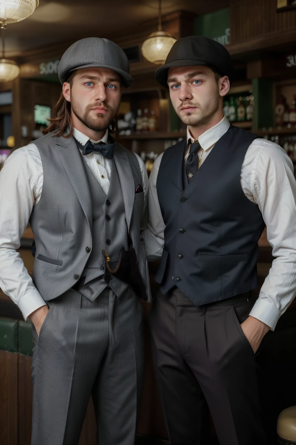 1920s Fashion, professional photo of ((((group) of 30yo poor men) with beards)) in vests and button shirts, short hair, hats, 4k, 8k, high quality, perfect lighting, detailed face and detailed eyes, skin detail, solo focus, photography raw, (standing ((together)) in a 1920s bar), perfect lighting, clean smooth skin, (full bodies), looking at camera, detailed eyes, burly faces, <lora:1920s-000002:0.7>, photoshoot, next to eachother, male, manly