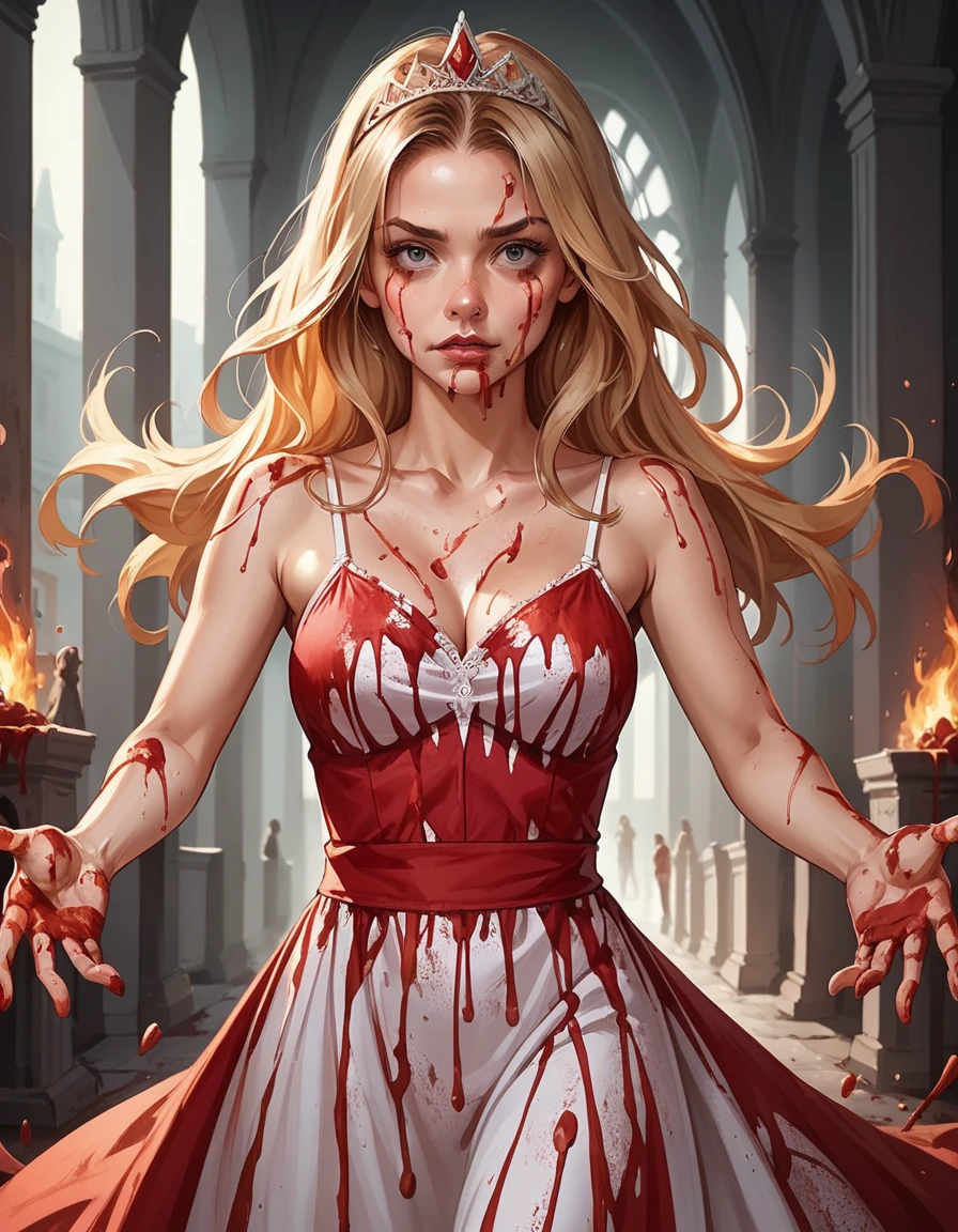 score_9, score_8_up, score_7_up, score_6_up, score_5_up, score_4_up, realistic, blood on face, blood on hair, 1girl, large breasts, solo, upper body, outstretched arms, long blonde hair, hud_c4rrie, dress, spaghetti strap, tiara, long dress, sleeveless, blood, blood on clothes, <lora:carrie:0.6>, flames everywhere, fire, inferno