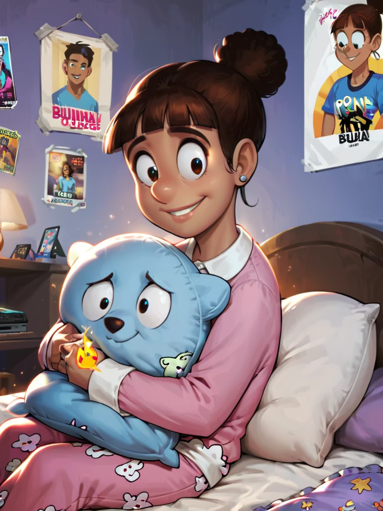 score_9, score_8_up, score_7_up, score_6_up, score_5_up, score_4_up, 1girl, source_anime, marsha_bunnicula, hair bun, pajamas, hugging pillow, on bed, bedroom, desk, computer, poster \(object\), smile, detailed face, detailed eyes, detailed background, <lora:marsha-v1:1>