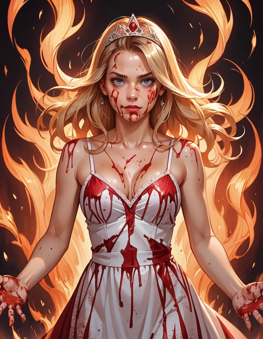 score_9, score_8_up, score_7_up, score_6_up, score_5_up, score_4_up, realistic, blood on face, 1girl, large breasts, solo, upper body, outstretched arms, long blonde hair, hud_c4rrie, dress, spaghetti strap, tiara, long dress, sleeveless, blood, blood on clothes, <lora:carrie:0.7>, flames everywhere, fire, inferno