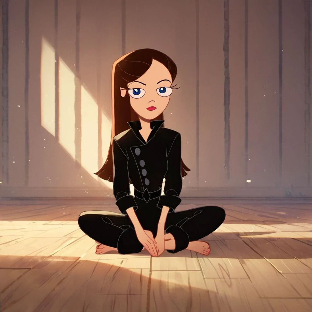 score_9, score_8_up, score_7_up, score_6_up, score_5_up, score_4_up, rating_safe, 1girl, VanessaDoof, black outfit, cartoon, sitting on the floor, looking at the viewer