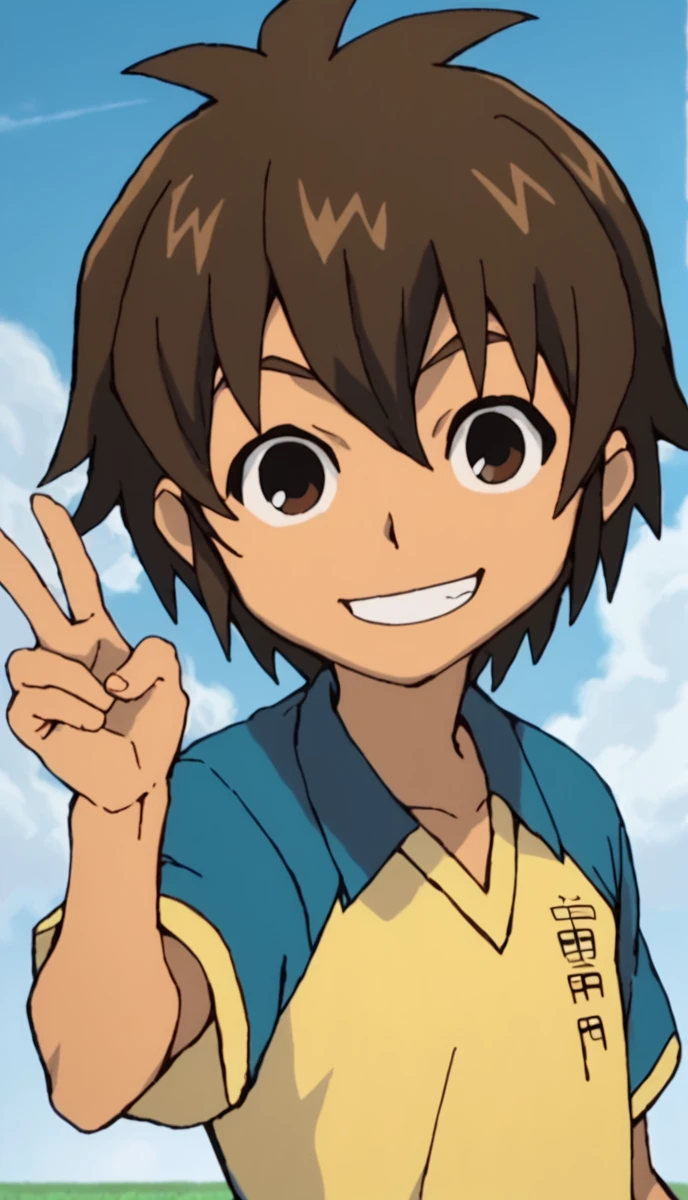 score_9, score_8_up, score_7_up, score_6_up, score_5_up, score_4_up, source_anime, 1boy, handa shinichi, brown hair, brown eyes, raimon soccer uniform, pose, smile, ((v)), looking at viewer, <lora:Handa_Shinichi_r1:1>