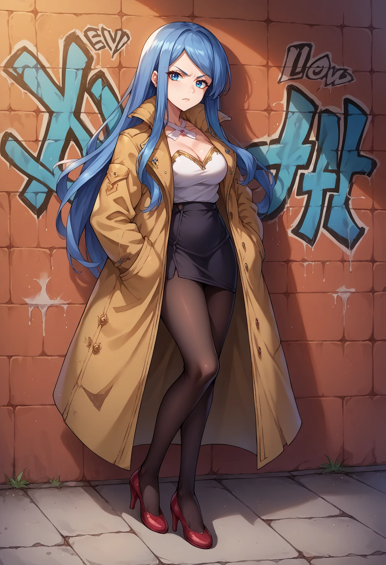 score_9, score_8_up,score_7_up, source_anime, 1girl, solo, <lora:EPfeLumera_epoch_6:1>, EPfeLumera, 1girl, blue hair, blue eyes, bangs, long hair, sidelocks,  PONYXL_GraffitiWall_ownwaifu, looking at viewer, standing, graffiti, against wall, hands in pockets, serious, drop shadow, <lora:PONYXL_GraffitiWall_ownwaifu:0.75> , depth of field , coat, trenchcoat, black pantyhose, high heels, red footwear, cleavage