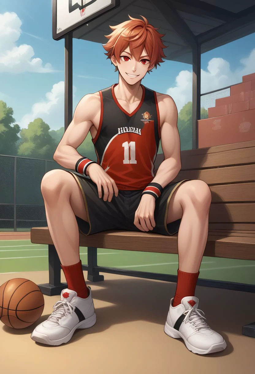 score_9, score_8_up, source_anime, highly detailed, 1boy, male_focus, slender, skinny, upper body,
ace, 1boy, male focus, red socks, solo, sportswear, black sportwear, shoes, sneakers, full body, shorts, white footwear, red eyes, wristband, black short,
indoor, basketball field, bench, sit, smile,