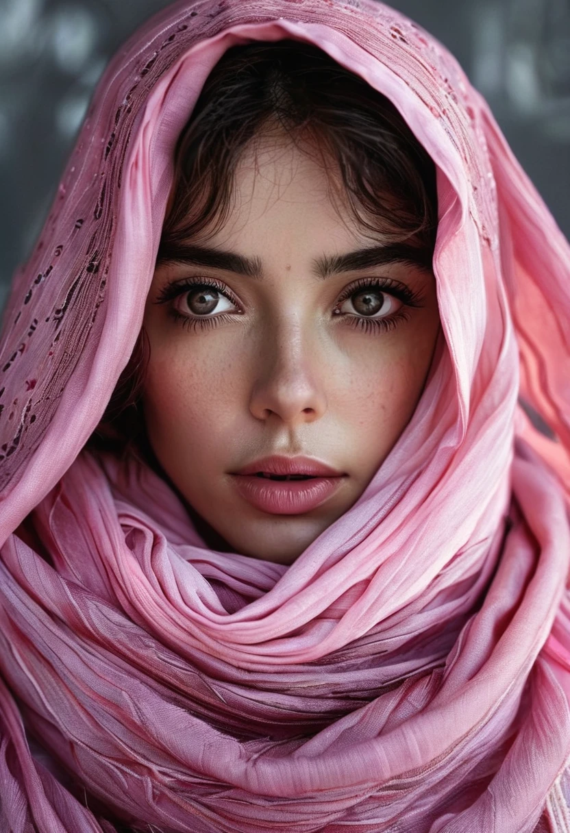 photography, cinematic, a woman with large eyes and pink scarf draped around her head looks directly at the camera
 highly detailed, very realistic  <lora:potrait-woman-chery-step00001200:0.7>